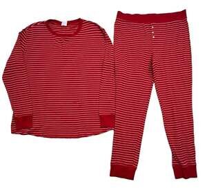 Stars Above Womens Pajama Set Large Red White Striped Knit Long Sleeve Button